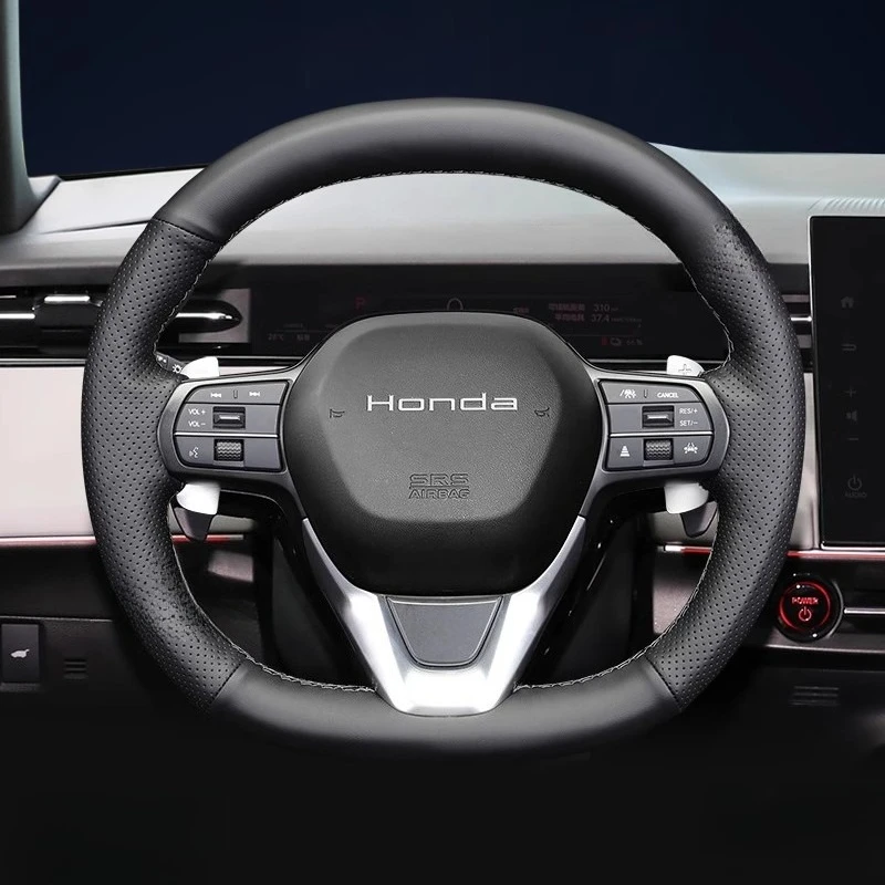 Hand-Stitched Black Genuine Leather Car Steering Wheel Cover for Honda E:NS2 2023–2025 Auto Parts