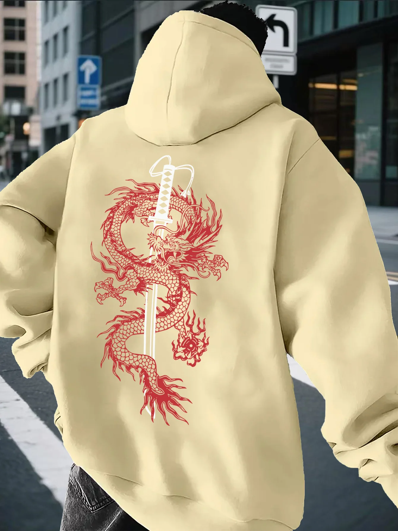 RetroOriental-style men's street fashion minimalist trendy college hooded sweatshirt with dragon pattern and samurai sword print