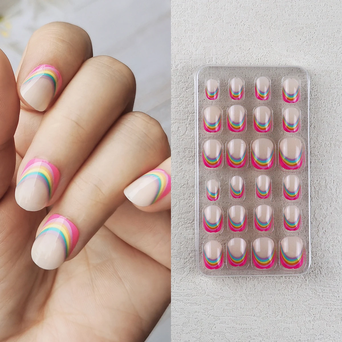 24 Pcs Rainbow Kids Press on Nails Pre-glue Children Heart Pattern False Nail Art Tips Short Full Cover Fake Nails for Girl
