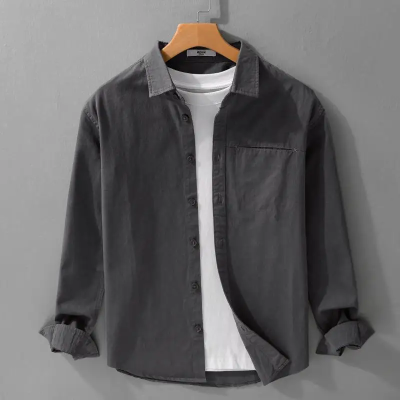 Moda juventude masculina longo sweed irts workwear solto ajuste algodão ket detalhe casual longo sve botão até cor pura