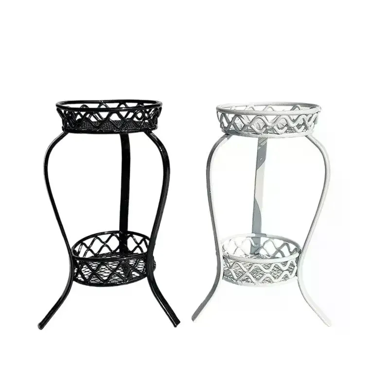 1 szt. 1:12 Miniaturowy żelazny dwupoziomowy stojak na kwiaty do domku dla lalek, okrągły regał do przechowywania, model do akcesoriów do domku dla lalek