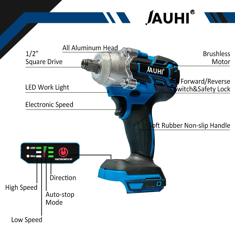 JAUHI Brushless Cordless Electric Impact Wrench Rechargeable Impact Wrench Stepless Speed Change Switch for 18V Makita Battery