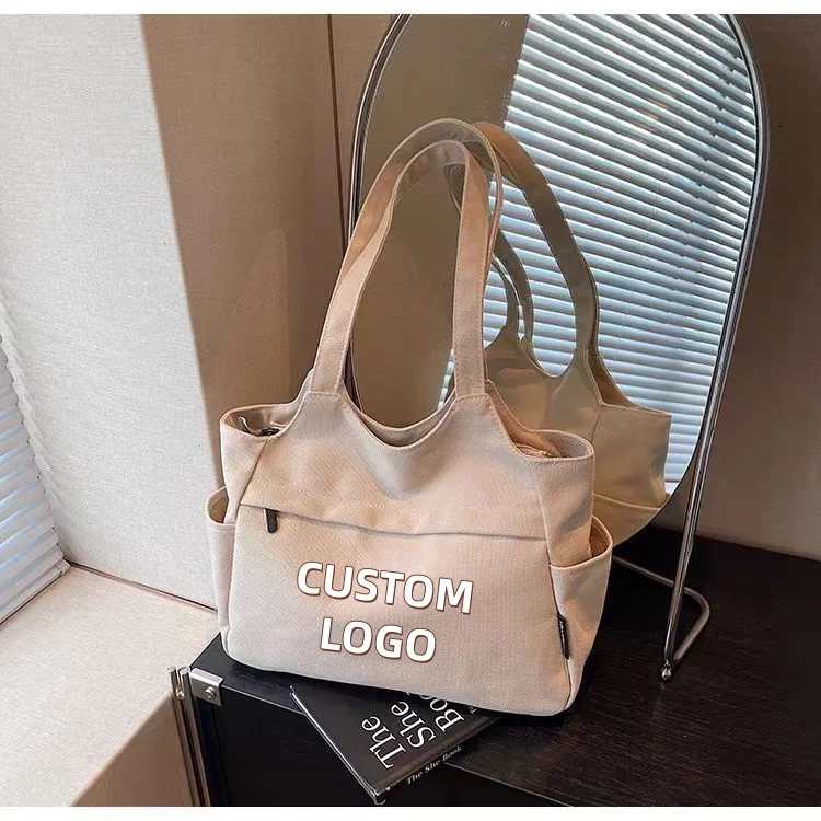 Custom Print Logo Canvas Tote Bag Multi Side Pockets Large Capacity Women Student Office Commuter Shoulder Shopper Bag