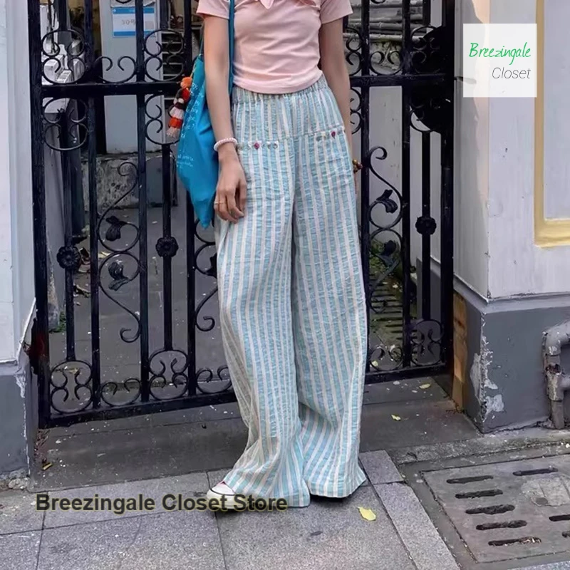 Dopamine thin cotton and linen striped pants women's summer new casual loose straight tall waist casual drape wide-leg pants.