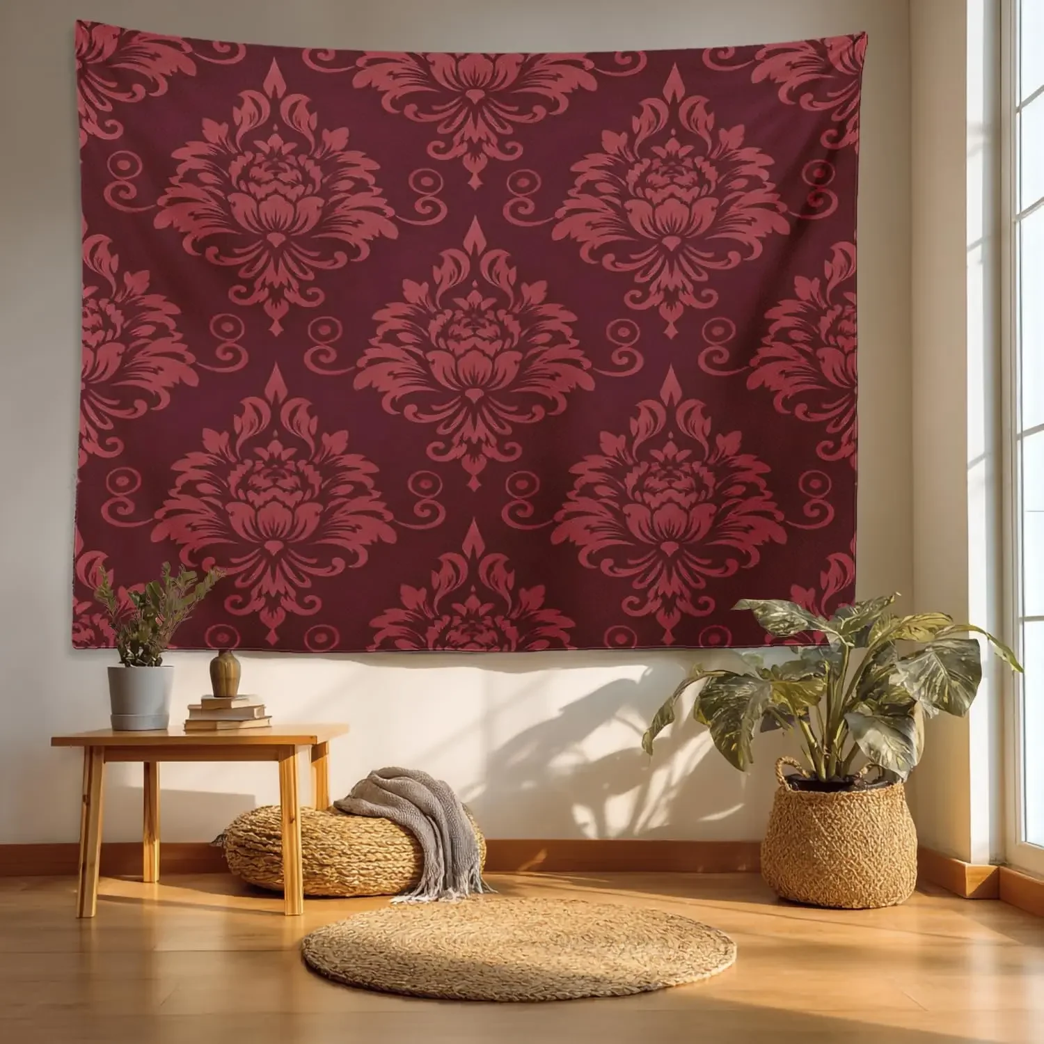 Floral Red Wine Tapestry,Vintage Victorian Damask Red Design Wall Art Hanging Tapestry Decoration for Bedroom Living Room Dorm