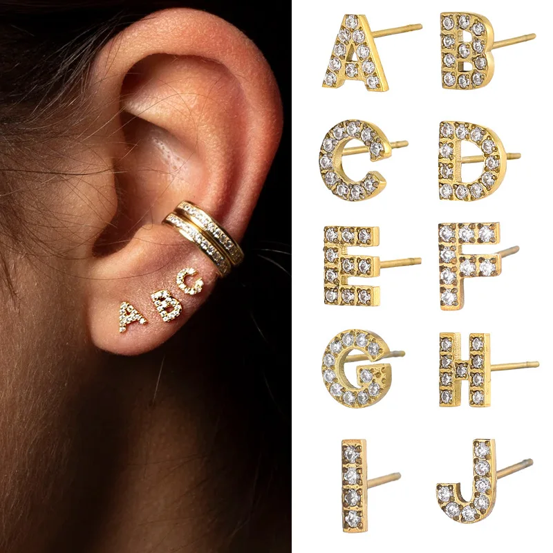 Neuer 26-Buchstaben-Ohrring aus Edelstahl mit vergoldetem Zirkon für Damen, stilvolles, personalisiertes Schmuckgeschenk