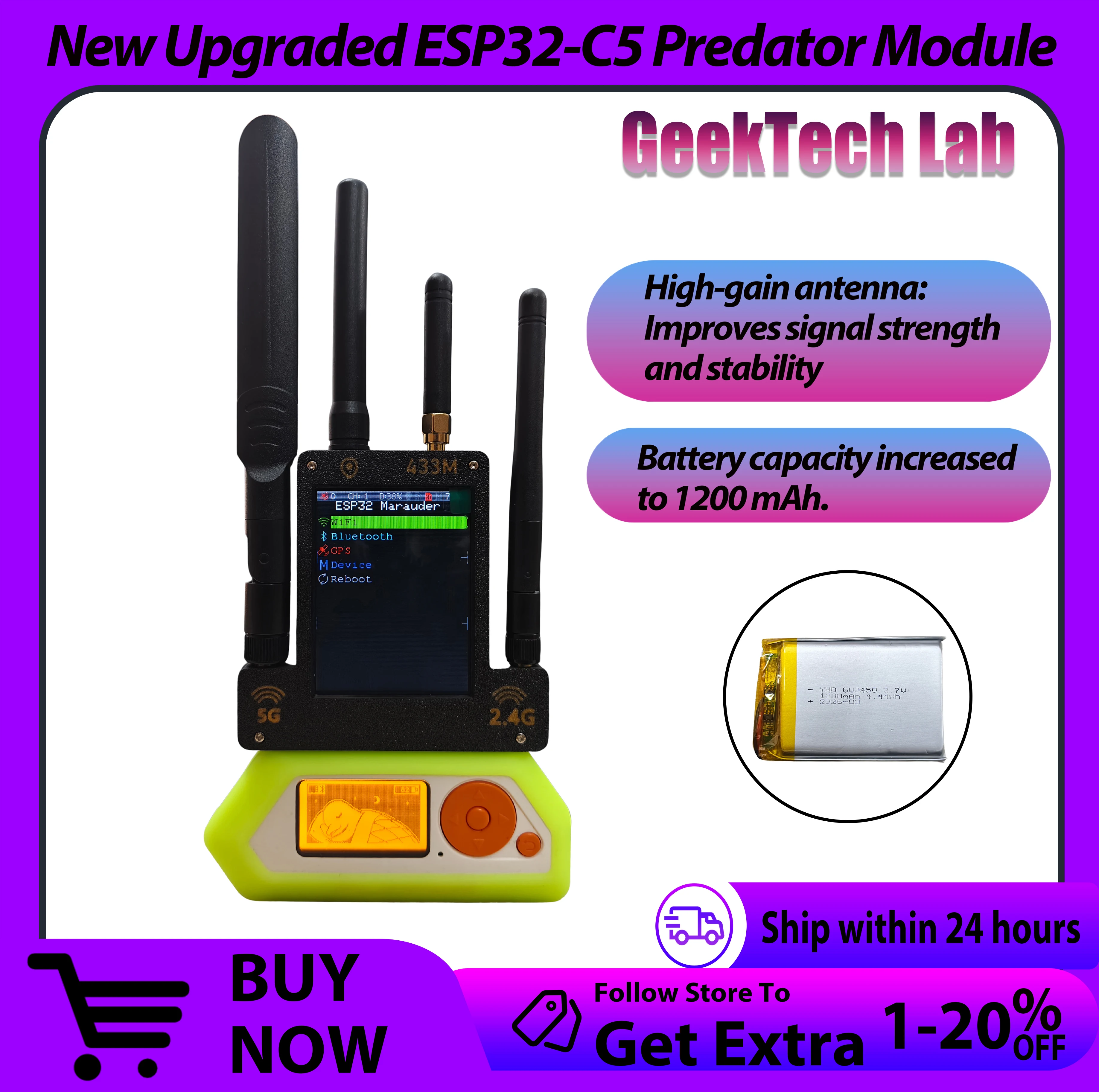 Flipper Zero 5G wifi Module 4-in-1: 433M (CC1101) / ESP32-C5 Predator Module / GPS Positioning Module / 2.8-inch Screen Predator