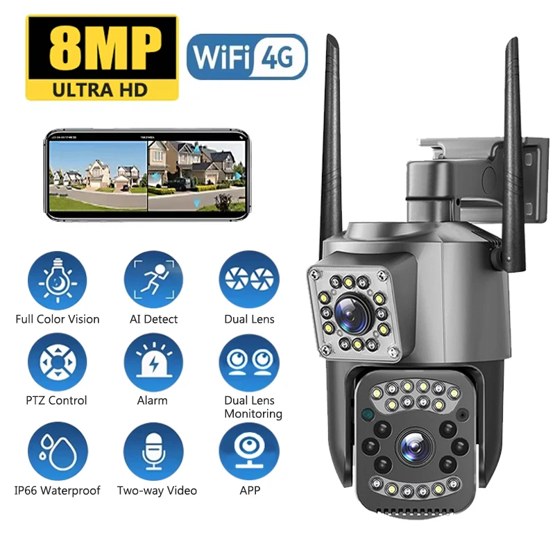 8MP 4K WIFI IP Camera Dual Lens PTZ 4G Sim Outdoor Webcam Alarm Night Vision Auto Tracking CCTV Security Protection Monitor Cam