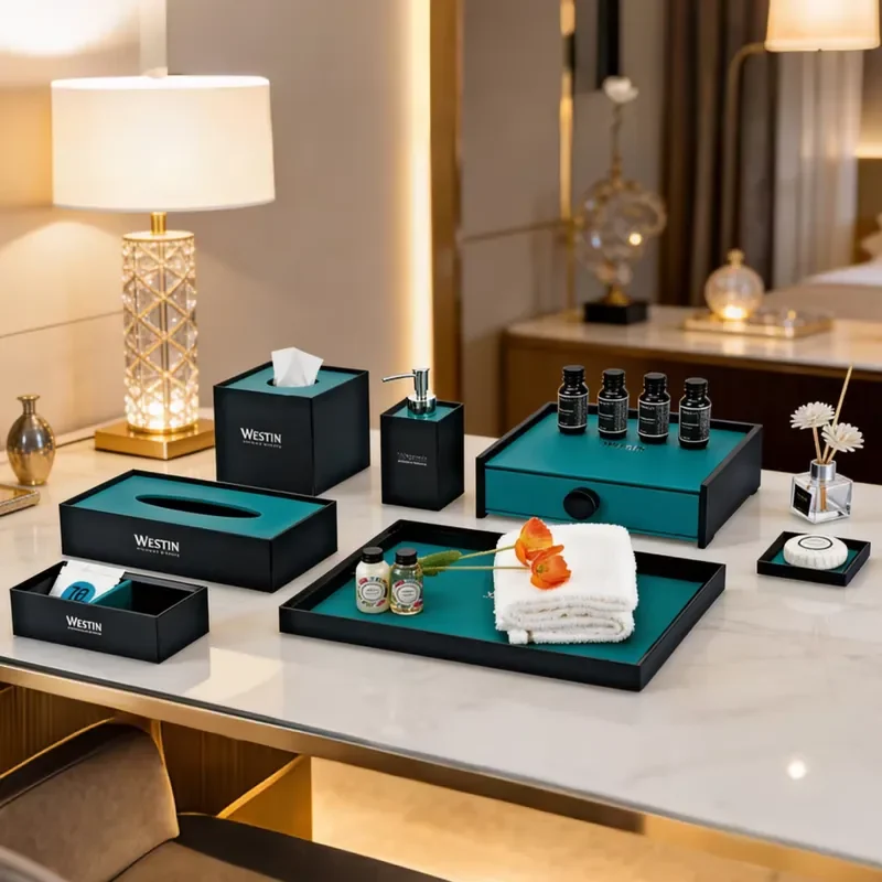 Luxury Hotel Bathroom Accessories Set Custom Eco Friendly Vanity Kit With Shower Cap And Tissue Box For Guest Room Amenities
