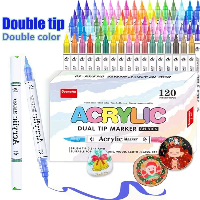 GuangNa 60/120/168 Colors Double Nib Acrylic Markers Paint Pen Dual Color Art Markers Brush Pen Dual Tip for Rock Painting Stone