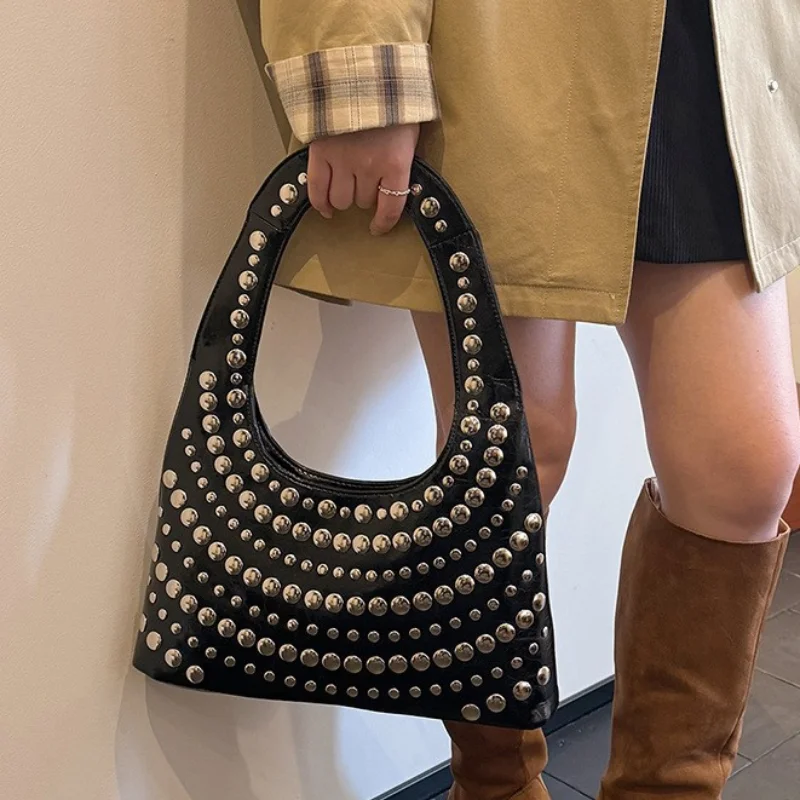 

2026 New Black Punk Studded Underarm Bag Women's Fashion Crescent Shoulder Bag Edgy Daily Party Handbag