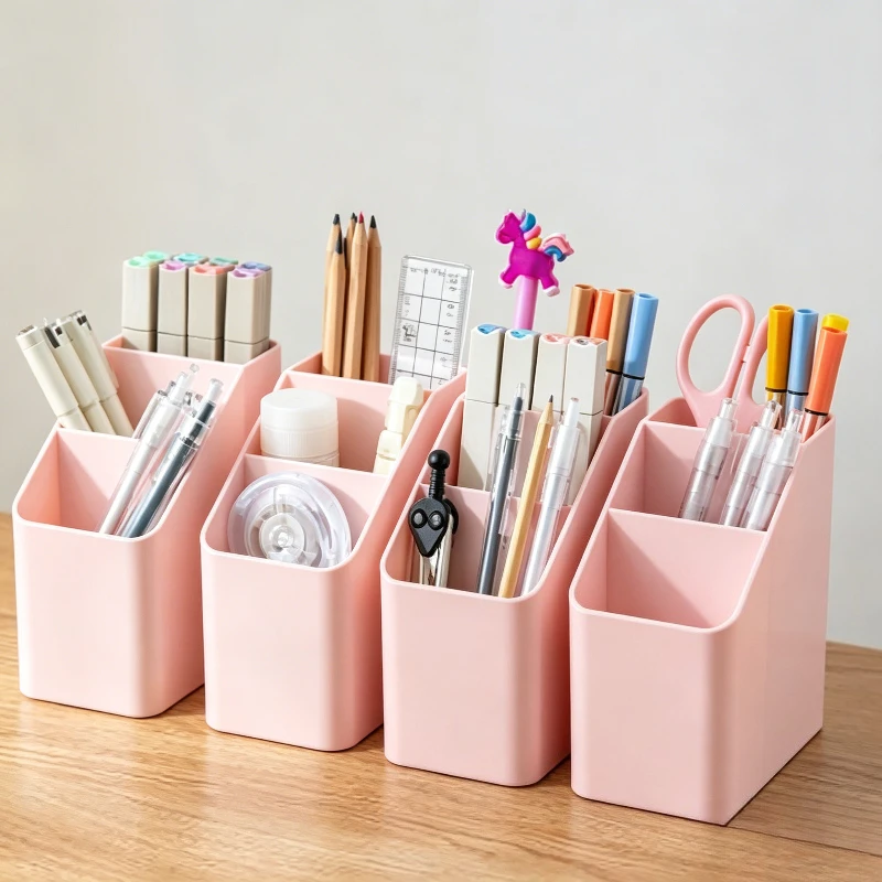 Simple Brush Colored Pen Marker Desktop Stationery Storage Box Multi-functional Three Squares DesktopSundriesStorage Holder 2PCS