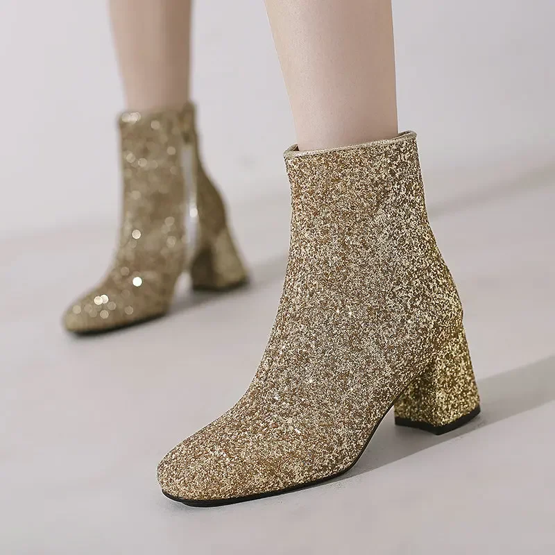 Duży rozmiar 48 49 50 Gold Silver Blue Sequined Cloth Glitter Winter Shoes Women Chunky High Heels Bling Party Ankle Chelsea Boots