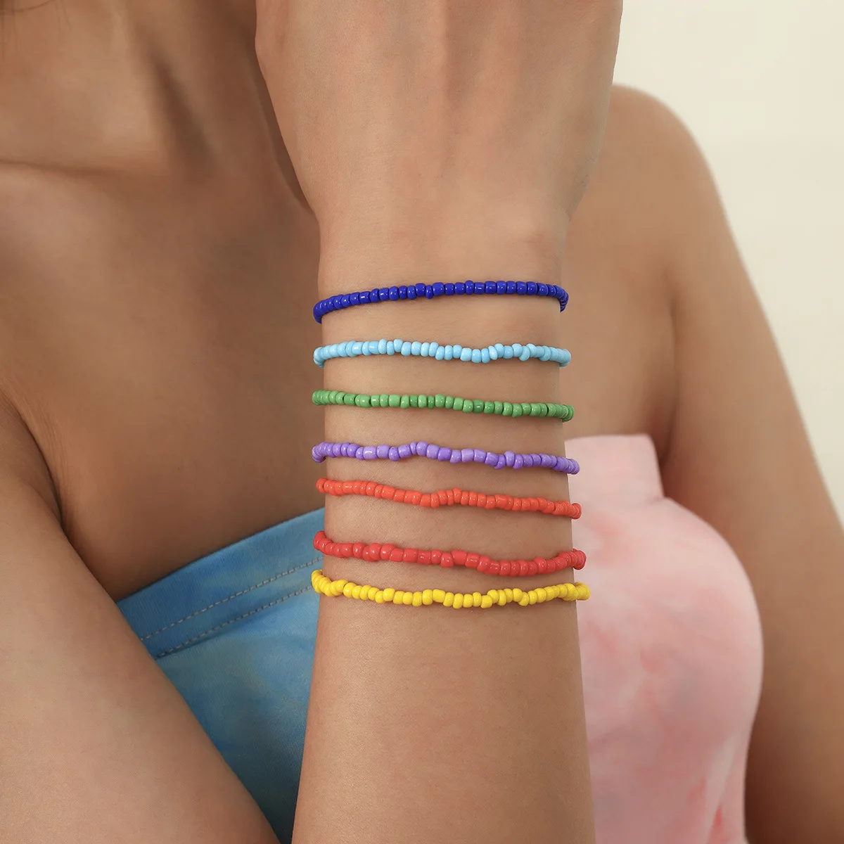 Seed Bead Necklace Rainbow Woven Multicolor Strand Layered Rustic Elegant Versatile Jewelry for Women Garden Party Silver Tone