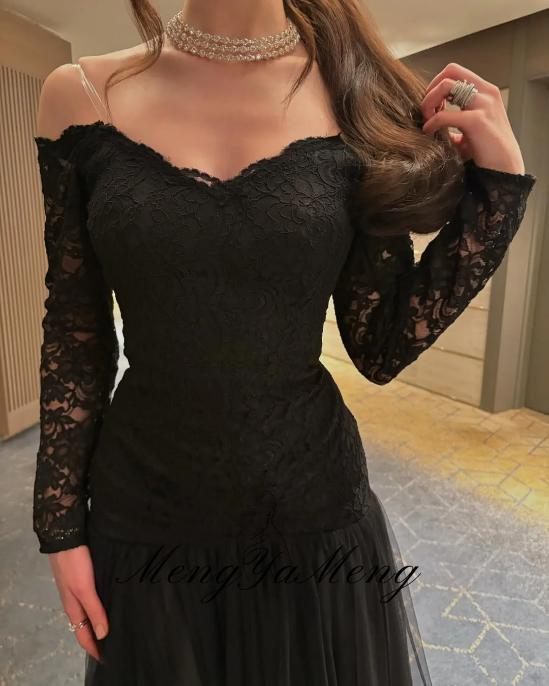 ZHUISHU ثوب مسائي أسود أنيق للنساء من الدانتيل المرقعة على شكل حرف A فساتين طويلة للحفلات الراقصة مخصصة بأكمام طويلة فستان رسمي للمناسبات #5