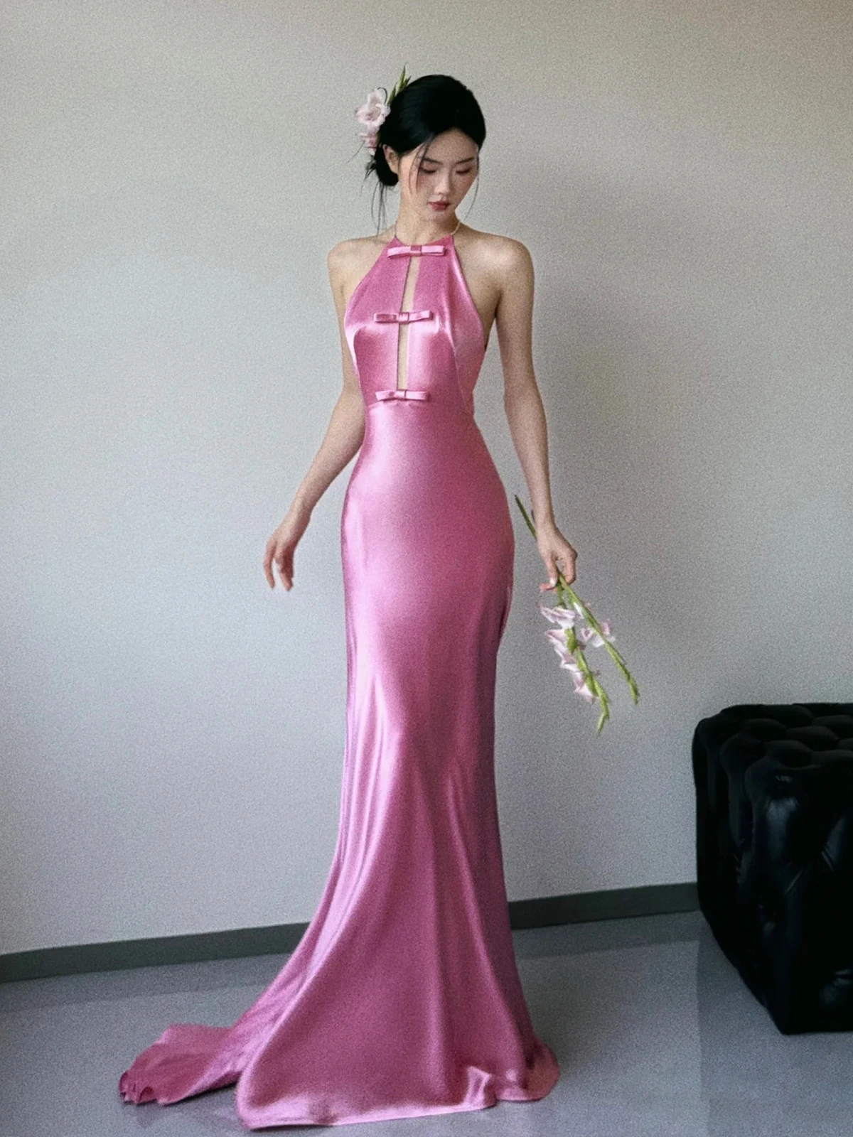 

Розовое свадебное платье в китайском стиле, утренний халат, платье-русалка с высоким воротником, с подвеской-колье, церемониальное платье, элегантный дизайн