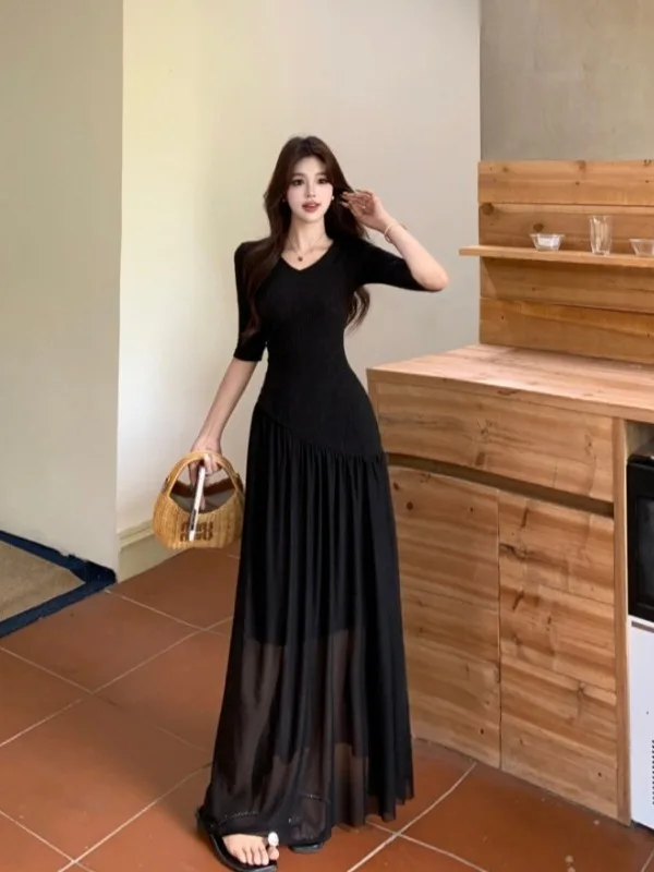 

Elegant plus Size Women's V-Neck Short Sleeve Dress Summer New Design Sensation Chic Splicing Long Dress City Commute Suitable