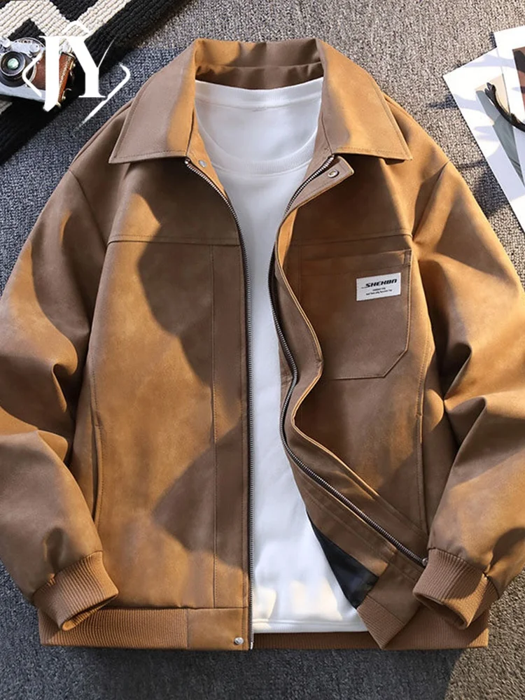 

Осень-зима, новинка 2025 года, мужская кожаная куртка в американском стиле ретро из искусственной кожи с воротником-молнией, повседневная верхняя одежда, модная молодежная одежда из полиэфирного волокна