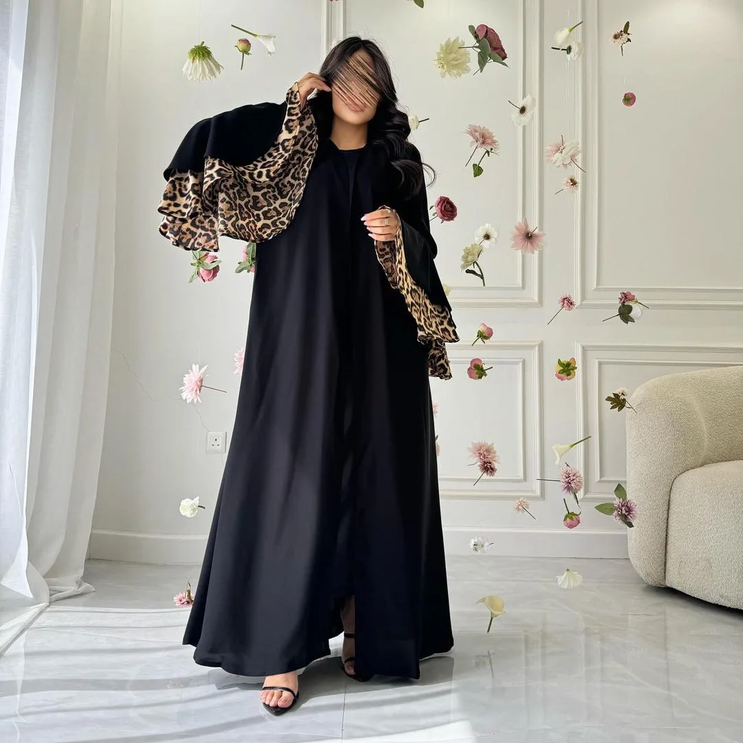 Arab Leopard Printing Dress For Women Batwing Sleeve Patchwork Dubai Abaya Elegant Casual Loose Moroccan Saudi Kaftan Fashion