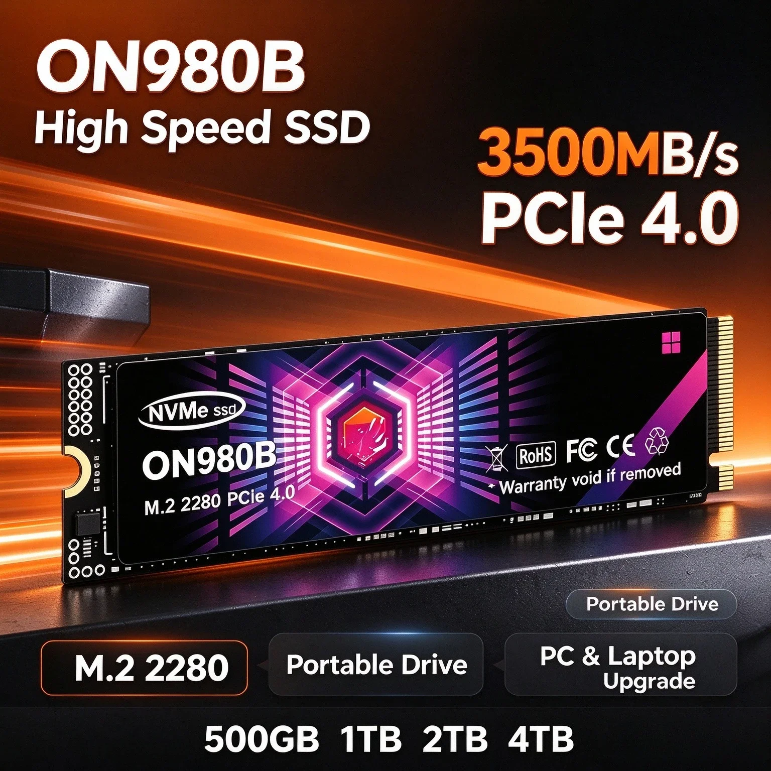 ON980B 500GB-4TB SSD NVMe M.2, up to 3500MB/s, Portable Solid State Hard Disk Drive for Laptop Desktop Computers.