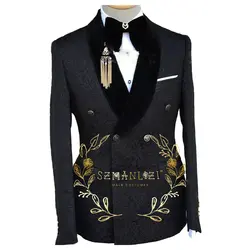 Double Breasted One Piece Black Floral Jacket Men Suit Jacquard Blazer Slim Fit Business Formal Party Evening/Prom Wedding Coat