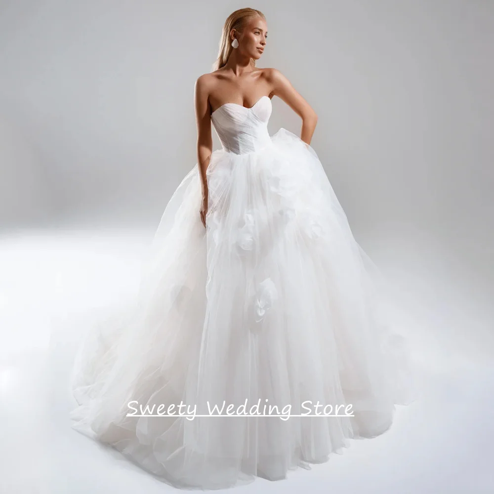 

Gorgeous Ball Gown Wedding Dress Customized Sweetheart Sleeveless Pleat Top handmade Flowers Sweep Train Corset Bridal Dresses