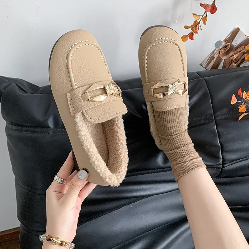 Winter Soft Fur Lining Moccasins for Women Leather Ladies House Warm Indoor Outdoor Anti Skid Loafers Slip On Flat Shoes