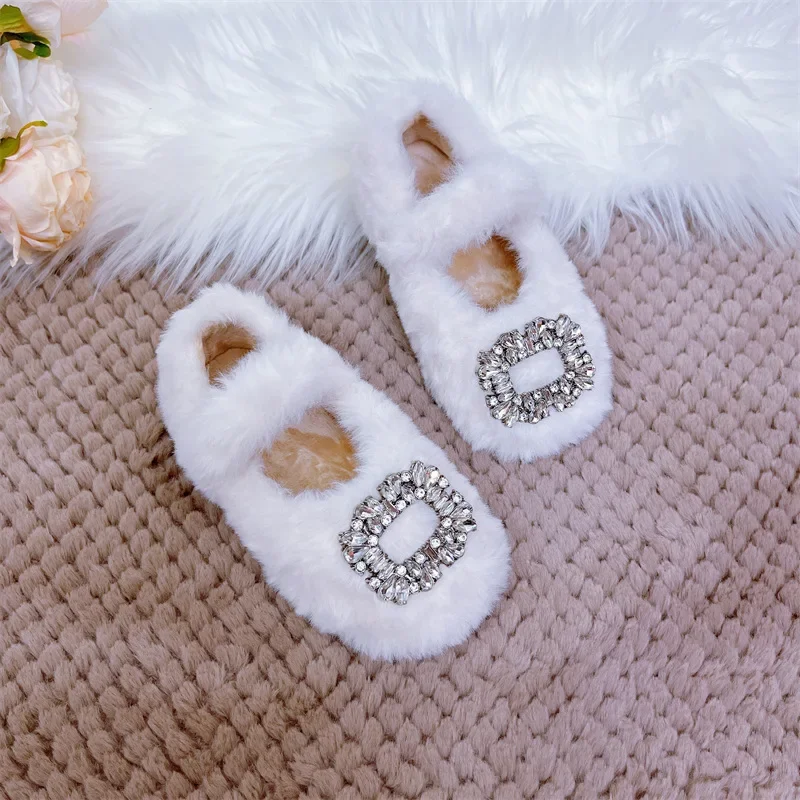 Luxury Rhinestone Fur Ballet Flats Baby Girls Winter Warm Loafers Kids Plush Mary Jane Shoes Kids Outdoor Non-slip Casual Shoes