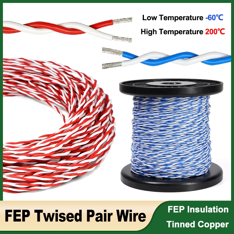 

1~20M PTFE Twisted Pair Wire 26 ~ 13AWG 2pins FEP Insulation Tinned Copper High Temperature Electric Cable Blue-White Red-White