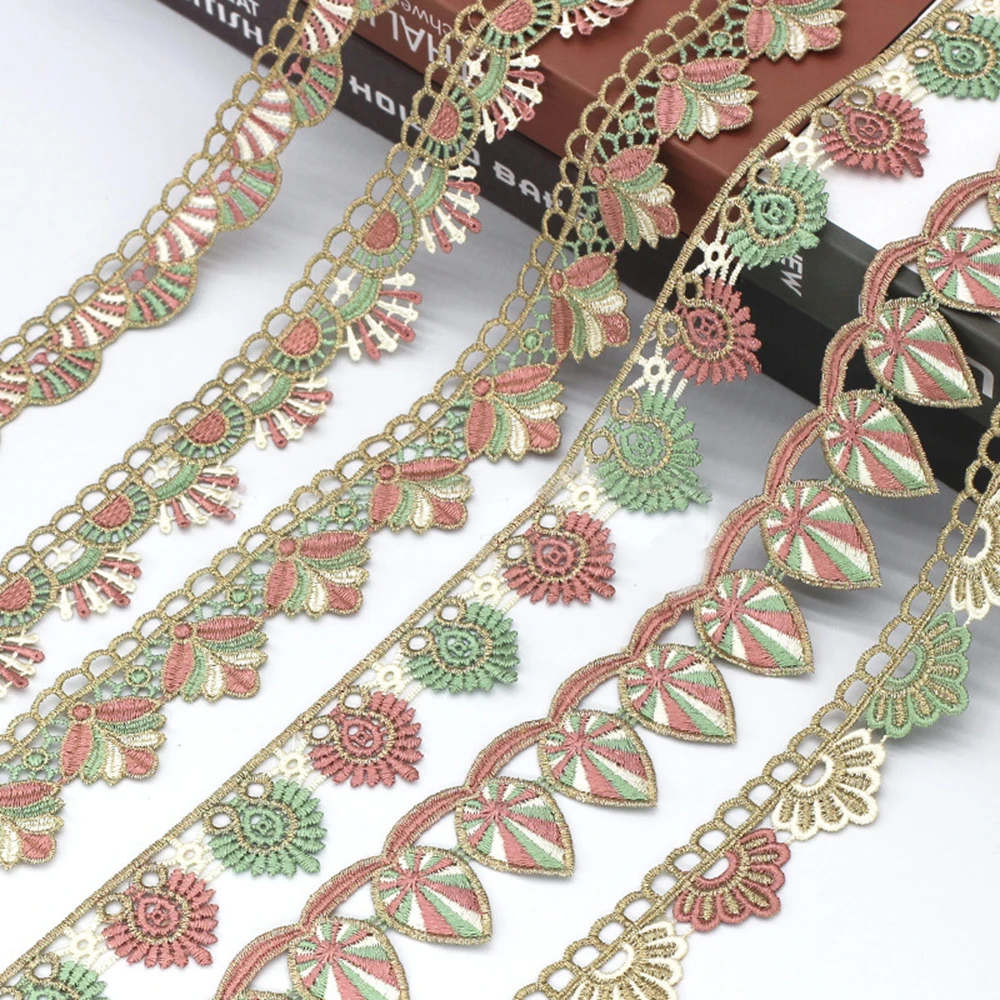 Nordic style multi-colored gold thread embroidered lace in water