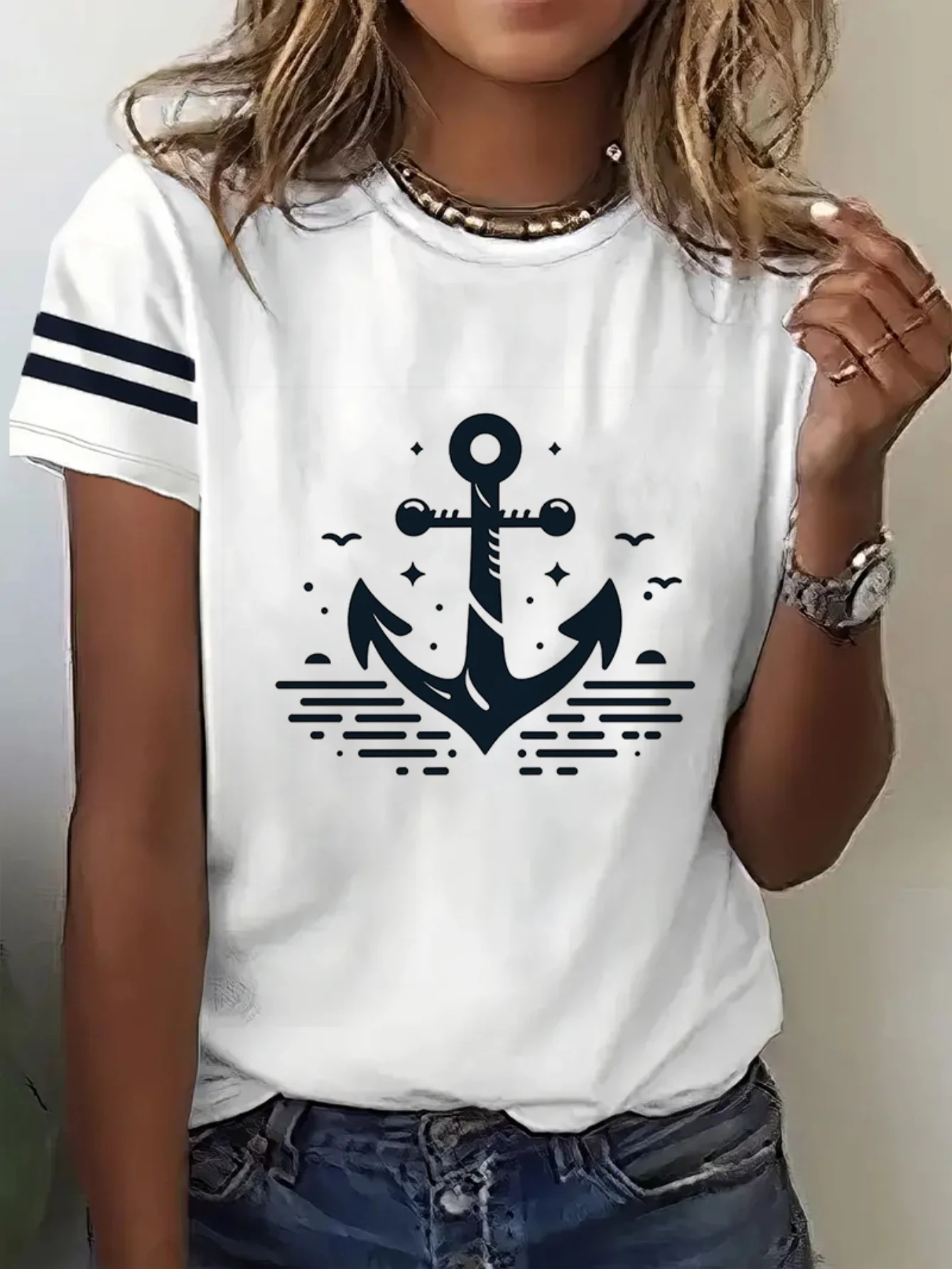 Fashion Summer Anchor 3D Print T-shirts Women Streetwear Casual Harajuku Y2k Short Sleeve T Shirt O-neck Tees Tops Clothing
