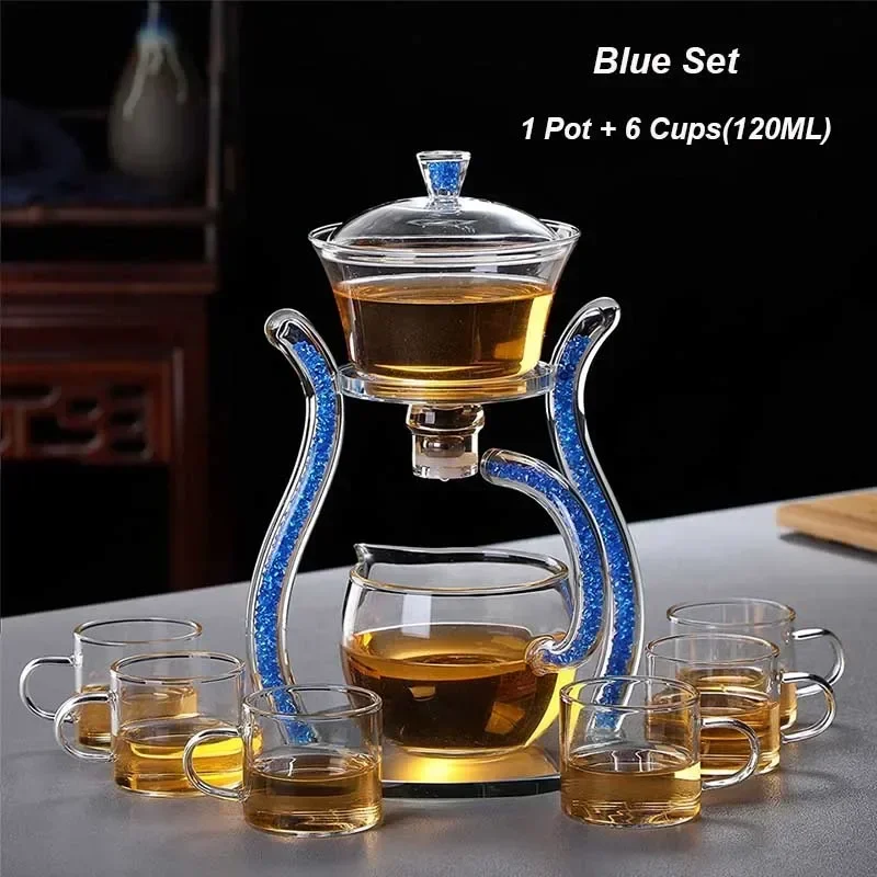 Glass Automatic Lazy Tea Set  Crystal Glass Teapot Set Heater Magnetic Rotating Cover Kung Fu Heat-Resistant Teapot 6 Cups