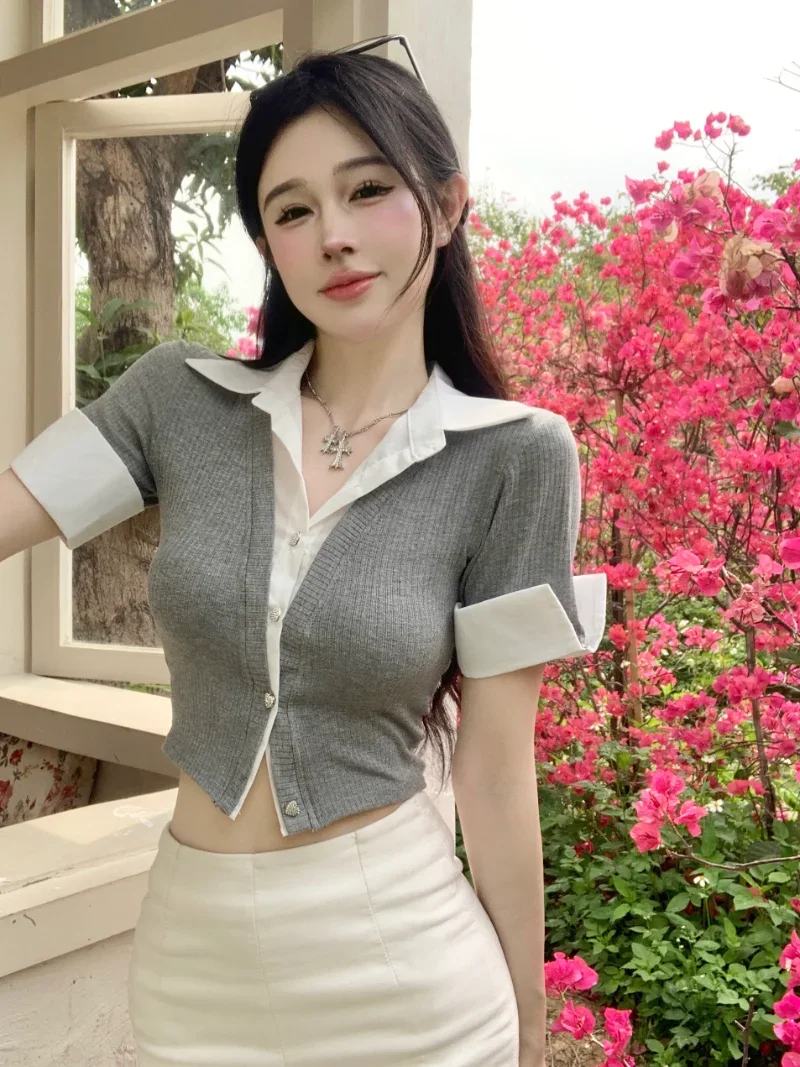 

Fake Two Piece Knitted Tops Slim Fit Blusas Femininas Crop Summer Blouse Women Lapel Casual Button Shirt Roupas Shirts