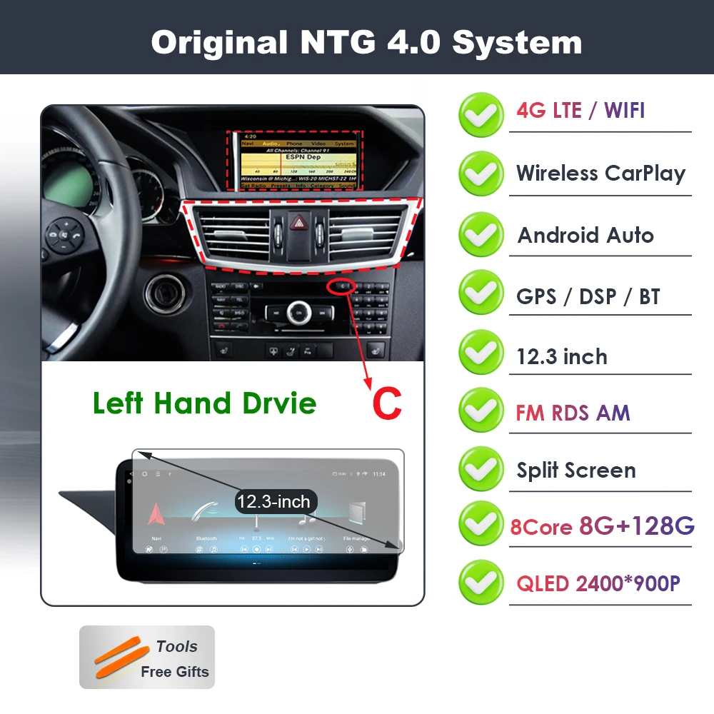 Draadloze Carplay voor Mercedes Benz E-Klasse W212 2009-2015 Android 16 autoradio video DSP stereo GPS QLED touchscreen 4G WiFi BT