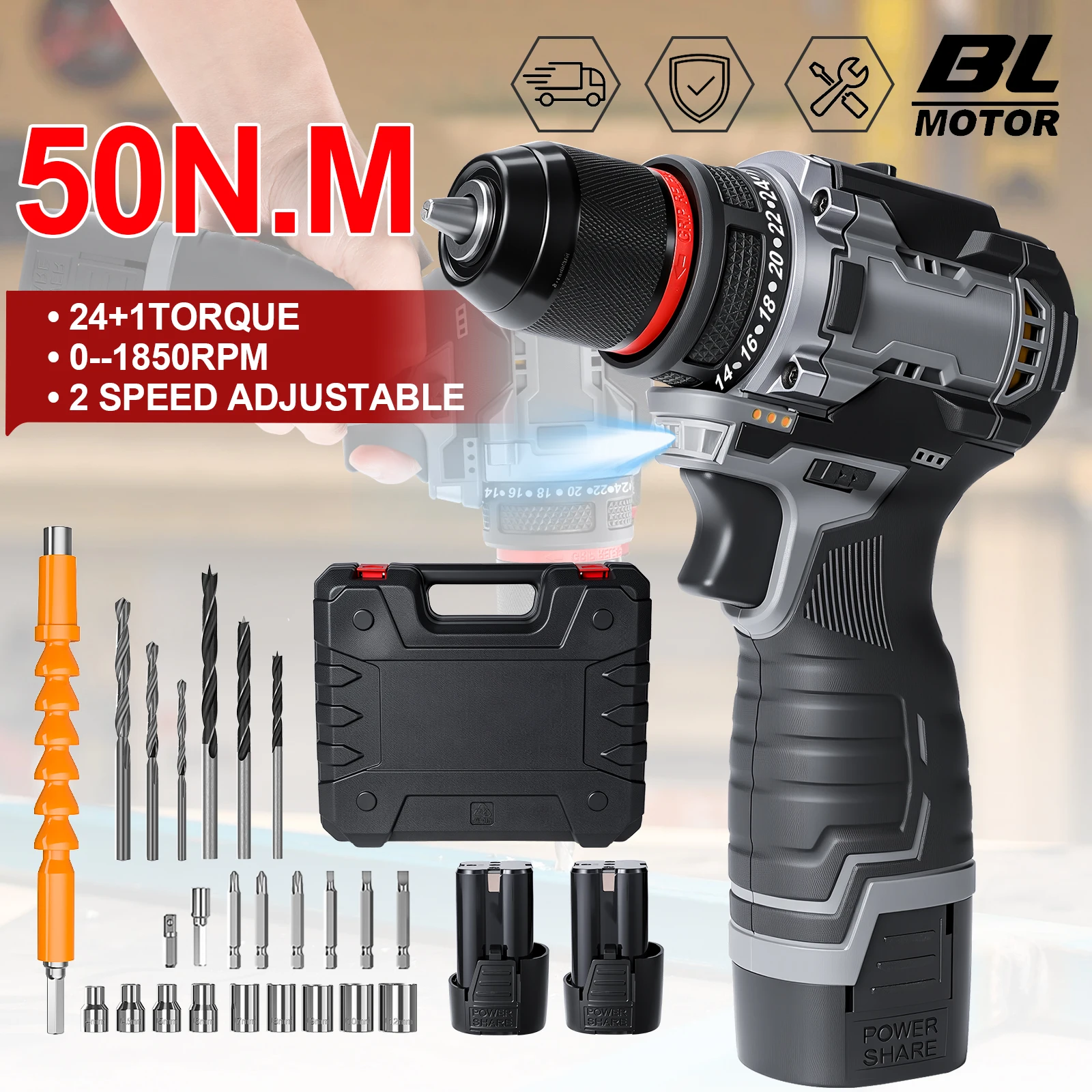 Taladro Eléctrico Portátil Mini Sin Escobillas, Juego de Herramientas de 29 Piezas, Ajuste de Torque 24+1, Taladro Inalámbrico de 55N.m con