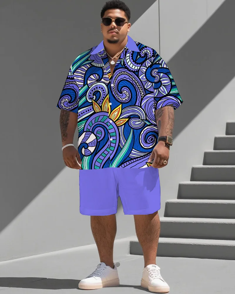 

S-9XL Мужская рубашка больших размеров с винтажным принтом и короткими рукавами и шорты, комплект из 2 предметов, повседневный свободный крой, летний комплект