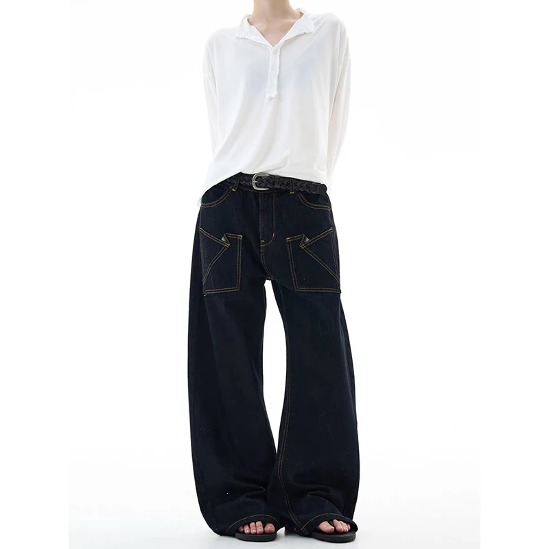 YIBASHU النساء السود فضفاض Y2K الأمريكية شارع العليا الجمالية تصميم الأزياء 2000s ريترو الجينز السراويل الطويلة الملابس 2025 جديد #2