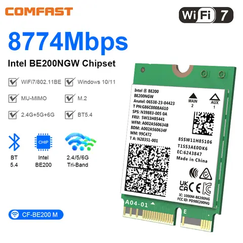 COMFAST WiFi7 Intel BE200 Network Card Bluetooth5.4 TriBand 2G/5G/6G 8774Mbps BE200NGW Intel AX210NGW M.2 NGFF Wlan WiFi7 Adapte