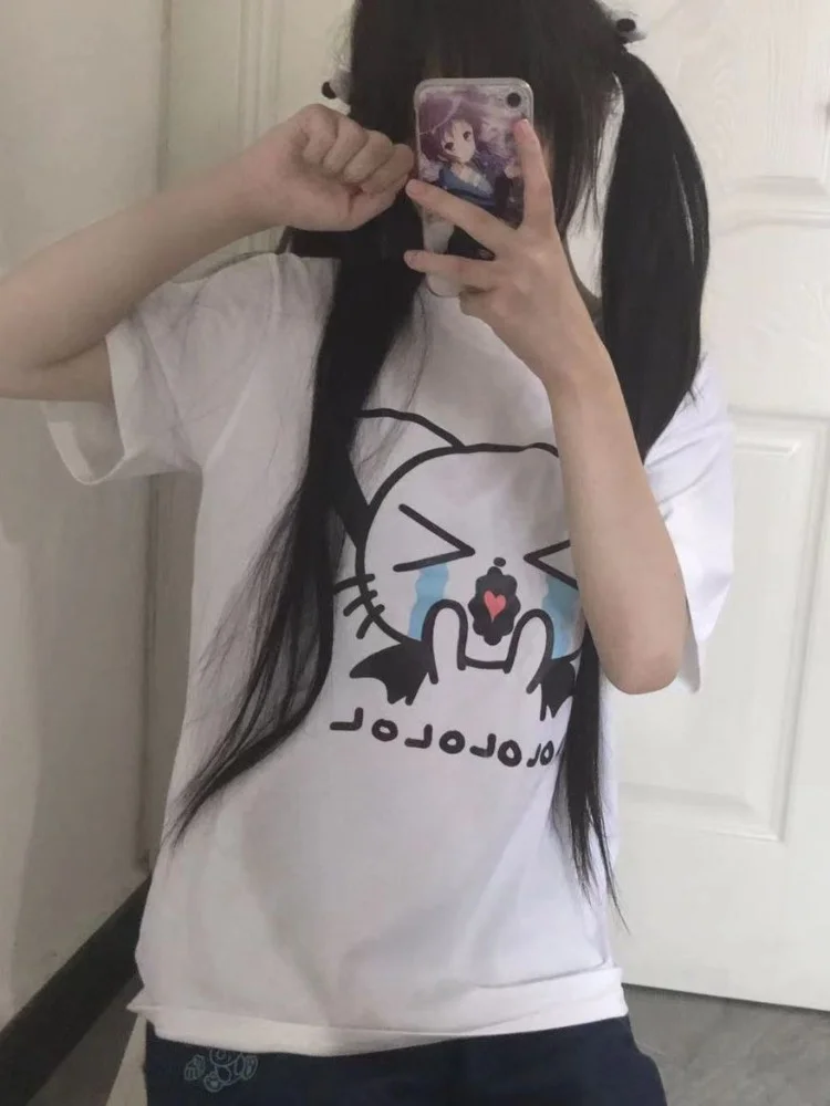 ADAgirl Kawaii Cat Print T-shirts for Women Anime Kitty Graphic Short Sleeve Tight Tees White Tops Japanese Y2k Cutecore Clothes