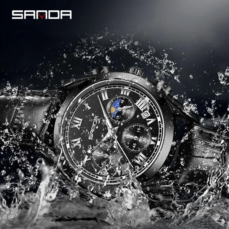 Sanda 5012 bracelet en cuir de marque supérieure étanche mouvement à Quartz japonais cadran à chiffres romains aiguilles lumineuses montre pour hommes d'affaires