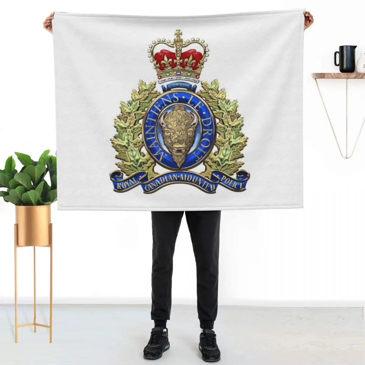 Royal Canadian Mounted Police - RCMP Badge over White Leather Throw Blanket Luxury Brand Thin Extra Large Throw Plaid Blankets