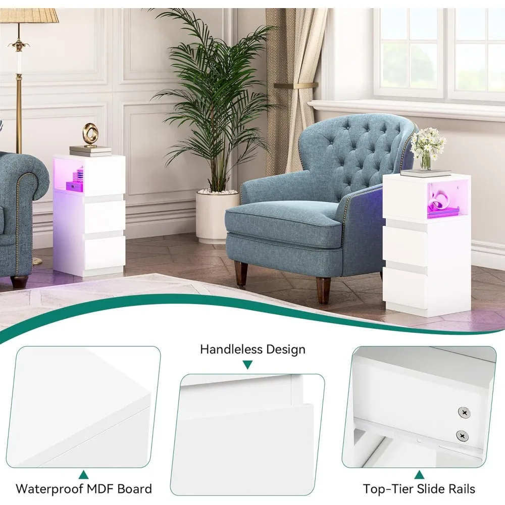 Juego de 2 Mesitas de Noche Delgadas con Luz، 2 Cajones y Almacenamiento Abierto #6