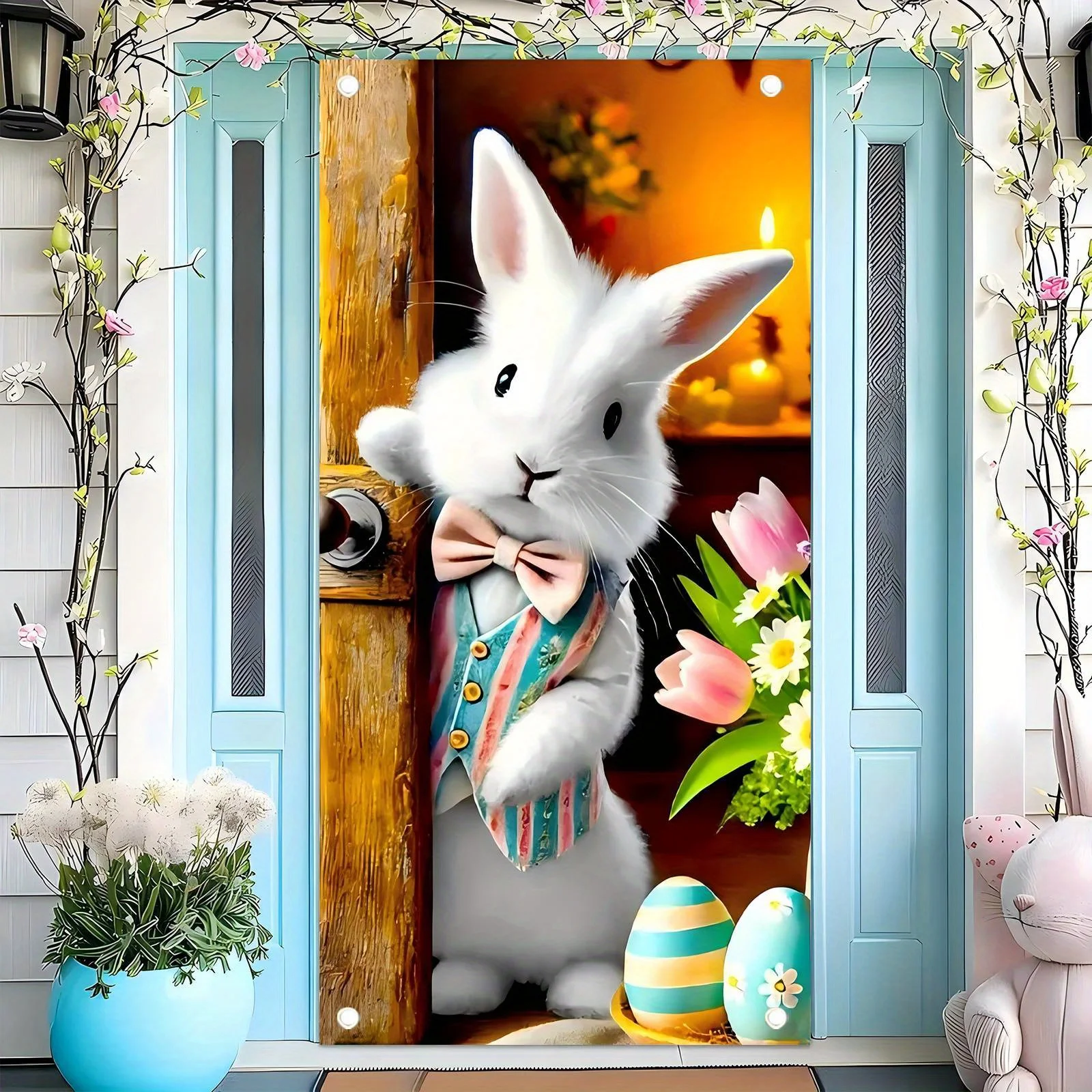 Un pancarta de puerta plana de poliéster de Pascua 2D con patrones de conejo y huevo, estilo Art Deco, decoración del hogar de Pascua