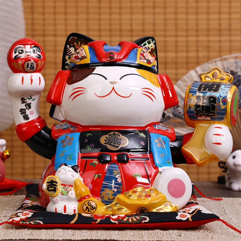 13 Inch Japanese Samurai Maneki Neko Ornament Lucky Fortune Cat Daruma Figurine Bank Coin Money Box Business Gift Centerpiece