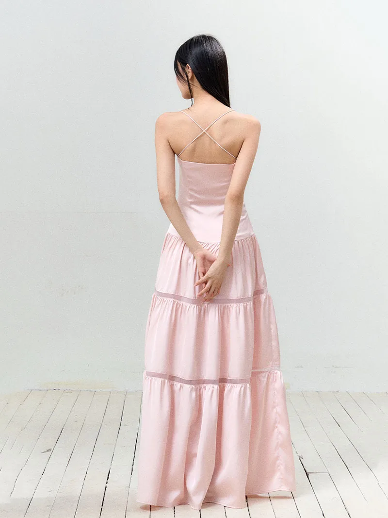 REDDACHiC โรแมนติกสีชมพูซาตินผู้หญิง Cami ชุดโบว์ครอสโอเวอร์กลับปิดไหล่ Hollow Out Maxi ยาวชุดราตรีอย่างเป็นทางการ