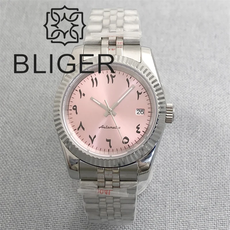 BLIGER Watch For Men 36mm/39mm NH35 Automatic Watch Arabic Index Green White Blue Pink Sunburst Dial Sapphire Glass Slide Buckle