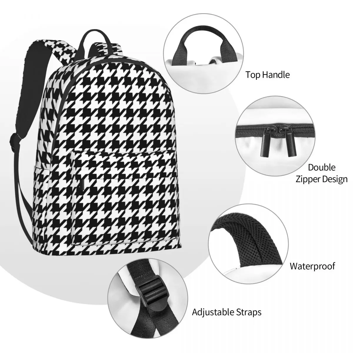 Black And White Houndstooth Backpack Abstract Design Women Men Outdoor Style Backpacks Breathable Cool School Bags Rucksack