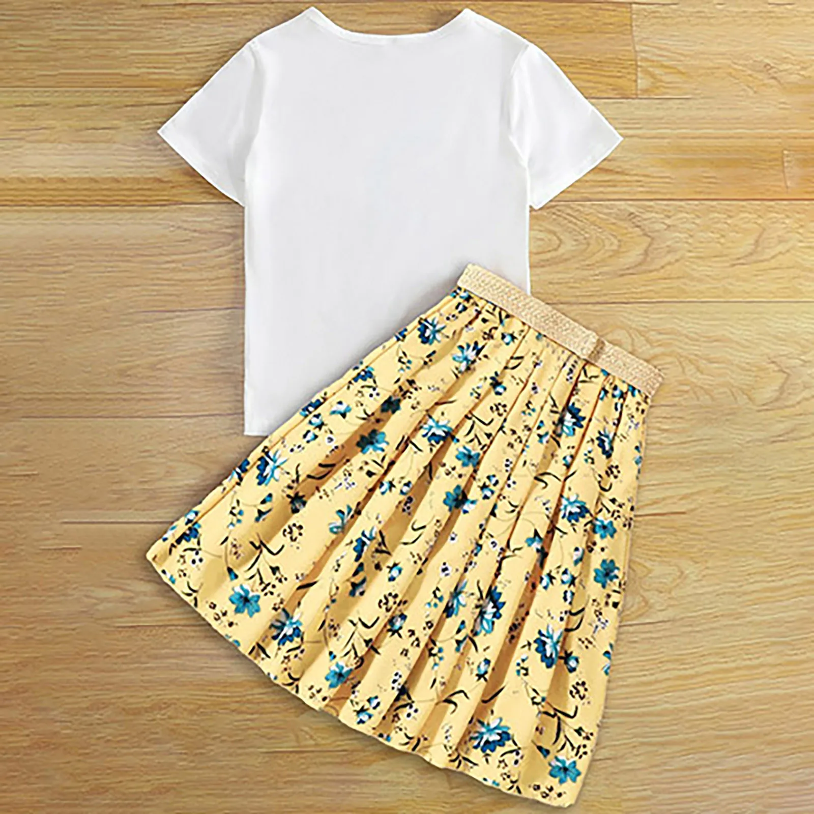 Children's Girls Printed Short Sleeve TShirts Tops+Floral Pleated Long Skirt Two Pieces Set Kids Girls Clothing 7T,8T,9T,10T,11T