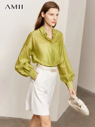 AMII Minimalist Blouse for Women 2023 Spring Lantern Sleeve V-Neck Slightly Transparent Elegant Commuter Clothing Tops 72341030