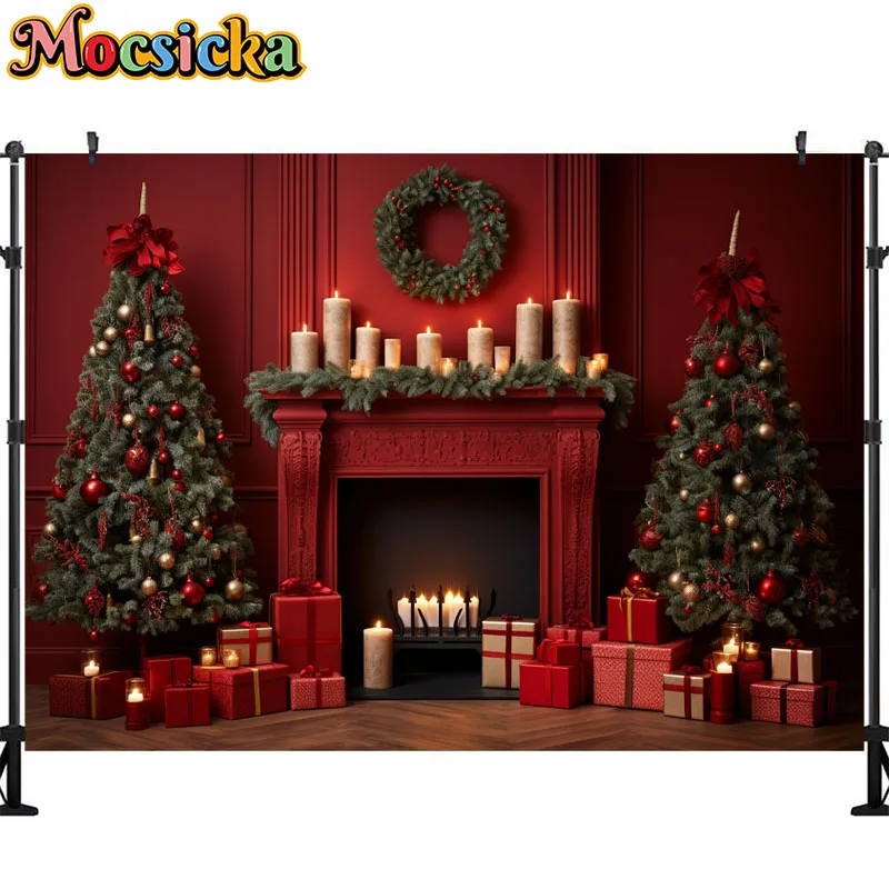 Mocsicka-Natal Lareira Backdrop para Fotografia, interior Props, Xmas Tree, Janela, Girl Photo Background, Wallpaper Decoração